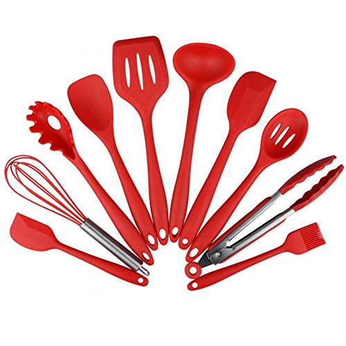 10pcs Non-Stick Kitchenware Silicone Heat Resistant Kitchen Cooking Utensils Baking Tool Cooking Tool Sets Xiaolanwelc (red)