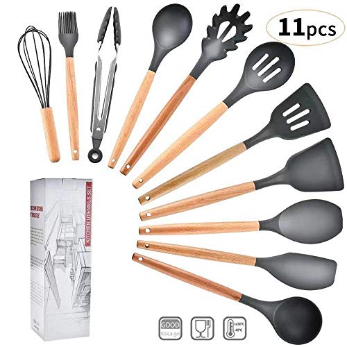 11-Piece Silicone Nonstick Kitchen Utensil Set for Cooking Utensils Set gadgets with Bamboo Wood Handles Cookware Kitchenware (A)