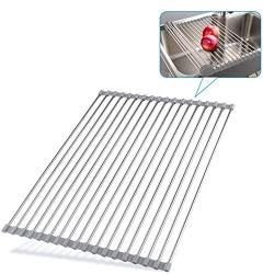 YANG WU Stainless Steel Roll-Up Dish Drying Rack, Multipurpose Dish Drainer, Non-Slip Silicone Coated Edges, Antirust Heat Resistant Resistant Corrosion, 14 X 14"