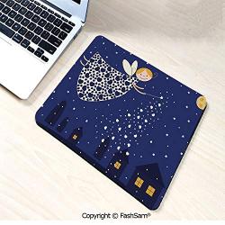 Desk Mat Mouse Pad Girls Kids Cartoon Cute Fairy in Sky Casting Magic Over Houses Hearts Stars for Office(W7.8xL9.45)