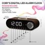 COBY Digital LED Alarm Clock Built In 10W HD Bluetooth Speakers FM Radio QI Certified Fast Wireless Charger for iPhone, Samsung and More,USB port Battery Backup Aux In, Dimmer for Bedroom, Office Desk