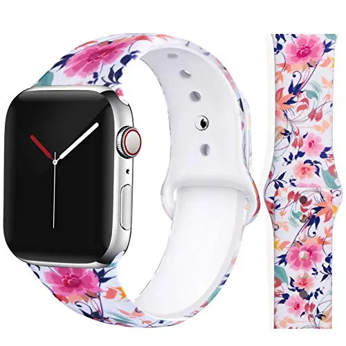 EXCHAR Compatible with Apple Watch Band Floral 38mm 40mm 42mm 44mm Silicone Replacement Wristbands for iWatch Series 5/4/3/2/1 for Women with Cute and Fadeless Pattern Printings