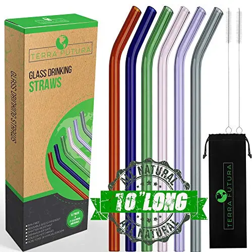 Reusable Glass Drinking Straws,Set of 6,Shatter Resistant,Non-Toxic & Hypoallergenic,Eco Friendly Straws For use with Cold & Hot Drinks,A Family Multi-Color 6 Pack That Can Replace All Plastic Straws