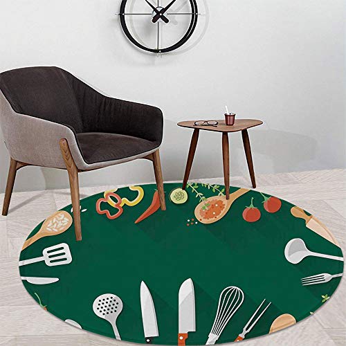 TecBillion Kitchen Decor Bath Round Mat,Kitchenware Utensils Vegetables Spices Cooking Creative Recipe Home and Cafe Design Print for Dining Room Bathroom Office,47.24" W x 47.24" H