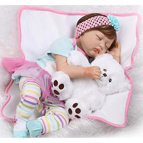 Pinky 55cm 22 inch Sleeping Soft Vinyl Silicone Doll True Looking Realistic Reborn Doll Baby Girl Eyes Closed Magnetic Mouth Dummy Xmas Gift