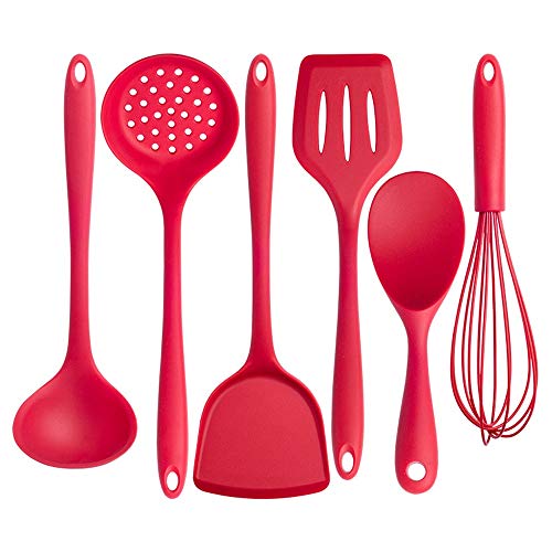 Yuybei-Home Silicone kitchenware 6-Piece Silicone Kitchen Utensil Set High Heat Resistant to 446°F Hygienic One Piece Design Cookware Nonstick Heat Resistant Tools (Color : Red, Size : 6 Piece Set)