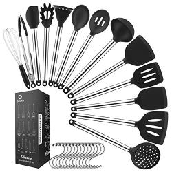 Silicone Cooking Utensil Set, 13 Piece Kitchen Utensils Sets with Stainless Steel Handle, Non stick Heat Resistant Easy to Clean and Store