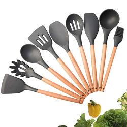 Fenrs Kitchen Utensil Set Silicone Cooking Utensil Set 9 Pieces Silicone Cooking Utensils Kitchen Utensils Set Wooden Handle Cooking Tools Silicone Kitchenware Set Kitchen Gadgets Cookware Set