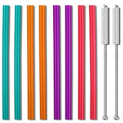 Extra Wide Reusable Smoothie Straws, Great for Bubble Tea, Boba Tea and Milkshakes, 10.25 Inches Long, 10 Pieces Jumbo Eco Friendly Plastic Straws with 2 Cleaning Brushes, BPA Free