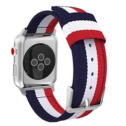 MoKo Compatible for Apple Watch Band, Fine Woven Nylon Adjustable Replacement Band Sport Strap Fit iWatch 42mm 44mm Series 5/4/3/2/1, Blue & White & Red (Not fit 38mm 40mm Versions)