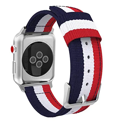 MoKo Compatible for Apple Watch Band, Fine Woven Nylon Adjustable Replacement Band Sport Strap Fit iWatch 42mm 44mm Series 5/4/3/2/1, Blue & White & Red (Not fit 38mm 40mm Versions)