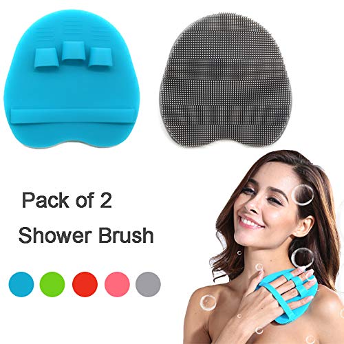 Soft Silicone Shower Brush, Body & Face & Short Hair Wash, Bath Exfoliating Skin Massage Scrubber, Dry Skin Brushing Glove Loofah, Fit for Sensitive and All Kinds of Skin (Blue+Gray)