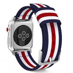 MoKo Compatible Band Replacement for Apple Watch 42mm 44mm Series 5/4/3/2/1, Fine Woven Nylon Adjustable Replacement Wristband Strap - Blue & White & Red (Not fit 38mm 40mm Versions)