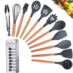 Kitchen Utensil Set，Pevor 11 Pcs Silicone Cooking Utensils with Wood Handles Nonstick Cookware, Non Toxic Turner Tongs Spatula Spoon Set