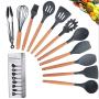 Kitchen Utensil Set，Pevor 11 Pcs Silicone Cooking Utensils with Wood Handles Nonstick Cookware, Non Toxic Turner Tongs Spatula Spoon Set