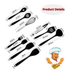 Kitchen Utensils Silicone Heat Resistant Cooking Utensil Non-Stick Set 10 Piece Cooking Set Kitchen Tools Turner, Whisk, Spoon,Brush,spatula, Ladle Slotted turner Tongs Pasta Fork(Black)