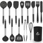 Kitchen Utensils Set 14 pcs Silicone Cooking Kitchen Utensils Set with Heat Resistant BPA-Free Silicone and Stainless Steel Handle Turner Spatula Spoon Tongs Whisk Cookware Kitchen Tools Set - Black