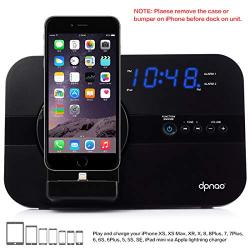 dpnao iPhone Alarm Clock Radio with Charging Docking Station Speaker USB Charge Port AUX Remote Apple MFi Certified (Black)