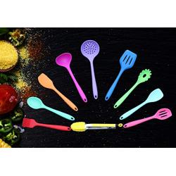 Silicone Utensil set Colorful 10 piece set includes spatula, tongs, large slotted spoon, ladle, slotted spoon, slotted turner, basting brush, pasta fork spoonula and spoon