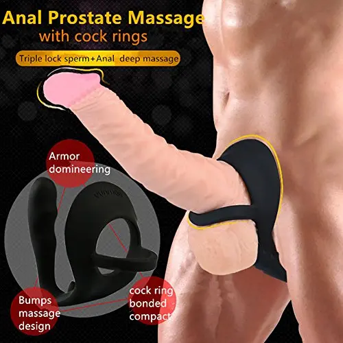 Prostate Massage Cock Ring and Anal Plug Combo Silicone Butt Plug Sex Products Anal Prostate Penis Rings Gay Adult Sex Toys for Men (Black)