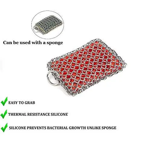 KITCHEN-PRO Cast Iron & Pyrex & Stainless Steel skillet Chainmail scrubber & cleaner With Silicone Insert Premium 316 Stainless Steel with Life Time Warranty