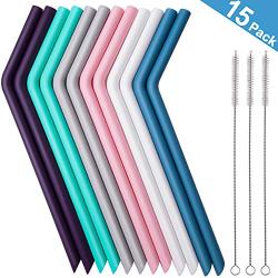 Reusable Straws,Big Silicone Drinking Straws Fit for 20&30 oz Tumblers Yeti/Rtic/Ozark,12 PCS Extra Long Flexible Curved Straw for Milkshake Smoothies with 3 Cleaning Brushes BPA FREE-No Rubber Taste