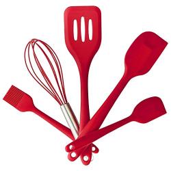 Silicone Kitchenware,Hindom 5Pcs Heat-Resistant Non-Stick Cooking & Baking Utensil Tool Sets with Hygienic Solid Coating (Red)