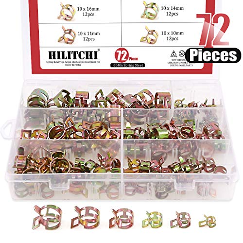 Hilitchi 72 pcs Spring Band Type Action Fuel/Silicone Vacuum Hose Pipe Clamp Low Pressure Air Clip Clamp (10 x 7mm 10mm 11mm 14mm 16mm 17mm)