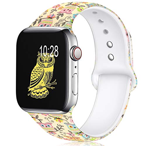 KOLEK Floral Bands Compatible with Apple Watch 42mm 44mm, Silicone Fadeless Pattern Printed Replacement Bands for iWatch Series 4 3 2 1, Owl, M, L
