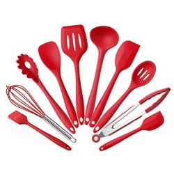 Silicone Kitchenware 10 pcs Set Heat Resistant Non Stick Kitchen Cooking Baking Utensils Tools Set, Spatulas, Spoon, Tongs(Red)