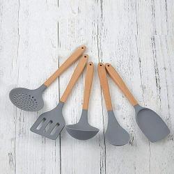 SKYyao Kitchen utensil set Beech Handle Silicone Kitchenware 5-piece set spatula tablespoon colander silicone