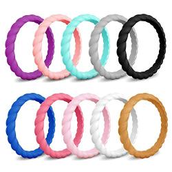 COOLOO Silicone Wedding Ring for Women, 2/5/10 Packs Thin Stackable Braided Rubber Wedding Bands, Comfortable Durable, Affordable Fashion Elegant, Skin Safe