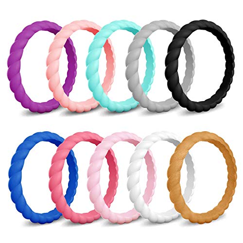 COOLOO Silicone Wedding Ring for Women, 2/5/10 Packs Thin Stackable Braided Rubber Wedding Bands, Comfortable Durable, Affordable Fashion Elegant, Skin Safe