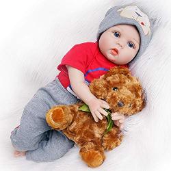 Yesteria Real Life Reborn Baby Dolls Boy with Toy Bear 22 Inches Realistic Newborn Red Outfit