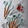 elegantstunning 11Pcs/Set Light Green Color Silicone Kitchenware Set with Wooden Handle 12.5x12.5x33.5cm