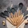 YILUYC Silicon Utensils for Cooking, Kitchenware Set of 9 with Wooden Handles Environmentally Friendly Silicone High Temperature Resistance Gray