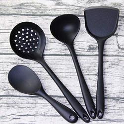 Stainless Steel Handle Silicone Materials Kitchenware Non-stick Pan Shovel Spoon Suit Rice Spoon Cooking Shovel A Set of Four,Black