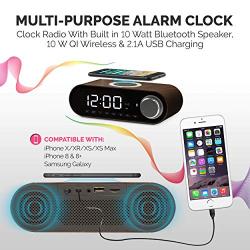 COBY Digital LED Alarm Clock Built In 10W HD Bluetooth Speakers FM Radio QI Certified Fast Wireless Charger for iPhone, Samsung and More,USB port Battery Backup Aux In, Dimmer for Bedroom, Office Desk