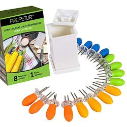 Corn Holders & Butter Spreader Set ? 8 Pairs of Comfortable Stainless Steel Jumbo Corn cob holders & Convenient Butter Spreading Tool ? Interlocking Corn on Cob Prong Skewers with Assorted Colors