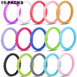 Rngeo Silicone Wedding Ring for Women, 15 Pack Thin Stackable Braided Rubber Wedding Bands, Comfortable Durable Fashionable Elegant Affordable & Friendly (Multicolored)