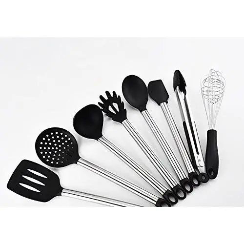 8pcs / set Heat-Resistant Silicone Kitchenware Stainless Steel Kit,Silicone Cooking & Baking Tool Sets For Pots and Pans Serving Tongs, Spoon, Spatula Tools, Pasta Server, Ladle, Strainer, Whisk