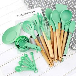 Silicone Kitchen Utensils, Silicone Utensil Set, Safe Food Grade Silicone with Premium Wood Handles, Non-Stick Heat Resistant Silicone Kitchenware, 11 PCS + 10 S Hooks,Gray