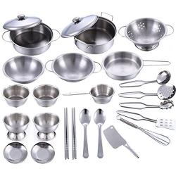 Playset Metal Pots and Pans Kitchen Cookware for Kids with Cooking Utensils Set 0f 25