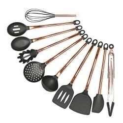 Silicone kitchenware 10 Pieces Silicone Cooking Utensils Kitchen Utensil Set Stainless Steel Handles Cooking Tools For Nonstick Cookware Includes Tongs Soup Spoon And More Black Silicone kitchen utens