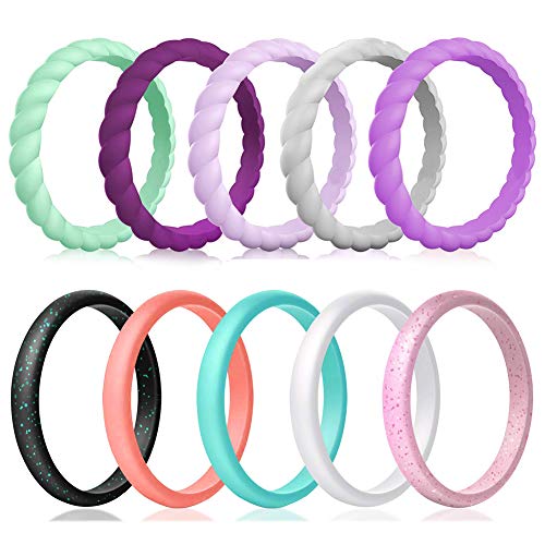 Silicone Wedding Ring for Women,10-Packs Thin and Stackable Braided Rubber Wedding Bands,Affordable,Fashion,Colorful,Comfortable fit,Skin Safe