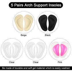 Dr. Foot Plantar Fasciitis Arch Support Shoe Insoles 5 Pairs, Thicken Gel Arch Pads for Flat Feet - Self-Adhesive Arch Cushions Inserts for Men and Women (Clear*2+Black+Beige+Pink)