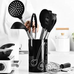 YILUYC Silicone Cooking Utensil Set,Stainless Steel Silicone Kitchenware Set of 8 Stainless Steel Handle with Storage Bucket Use Food Grade Silicone