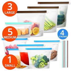 Reusable Silicone Food Storage Bag 9-pack, Airtight Food Preservation Bag Keep Food Fresher, Versatile Lunch Bag for Sandwich, Cooking, Sous Vide, Liquid, Snack, Freezer Safe, 3 Large+5 Medium+1 Small