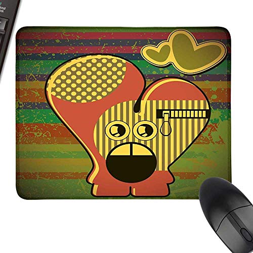 Modern Hot Selling Extra Large Mouse Pad Cute Monster on Grunge Striped Backdrop with Zipped Head Heart Graphic Laptop Desk Mat, Waterproof Desk Writing Pad 11.8&quotx9.8" Yellow Coral Olive Green