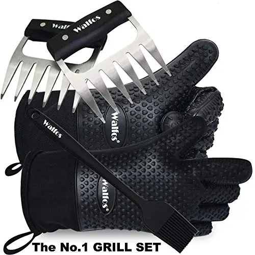 Walfos Insulated Waterproof/Oil & Heat Resistant Silicone BBQ, Smoker, Grill and Cooking Gloves Plus Pork Shredder Claws Plus Silicone Basting Brush - Superior Value Premium Set